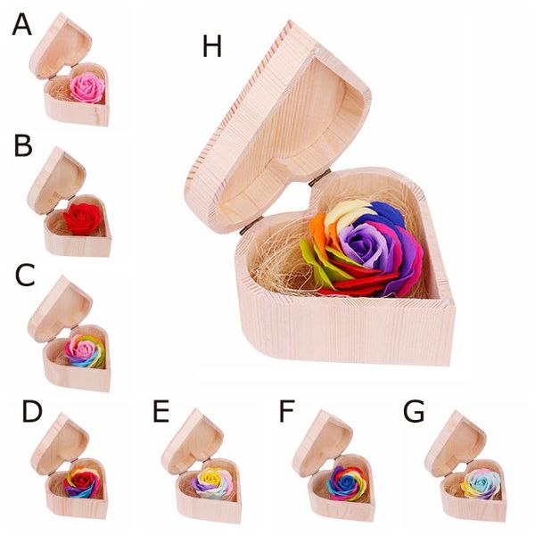 

heart shaped wooden box soap flower simulation colorful rose small wooden box size 12.8x7cm soap flower and wood wedding gift