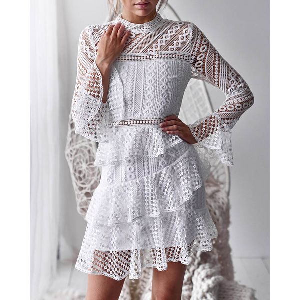 

women's clothing party dress white black lace decoration hollow long sleeve dress elegant female comfortable fabric, Black;gray