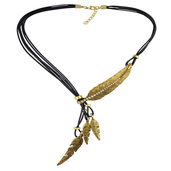 

female fashion steampunk jewelry leather rope chain full vintage gold color leaf tassel pendant choker necklace, Golden;silver