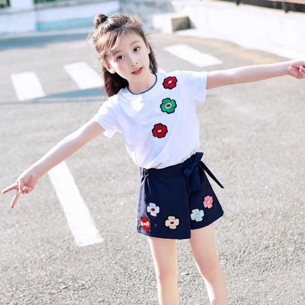 

girls clothing set 4-10y summer cute flower embroidery white red t-shirt + skirt shorts 2 piece children's sets
