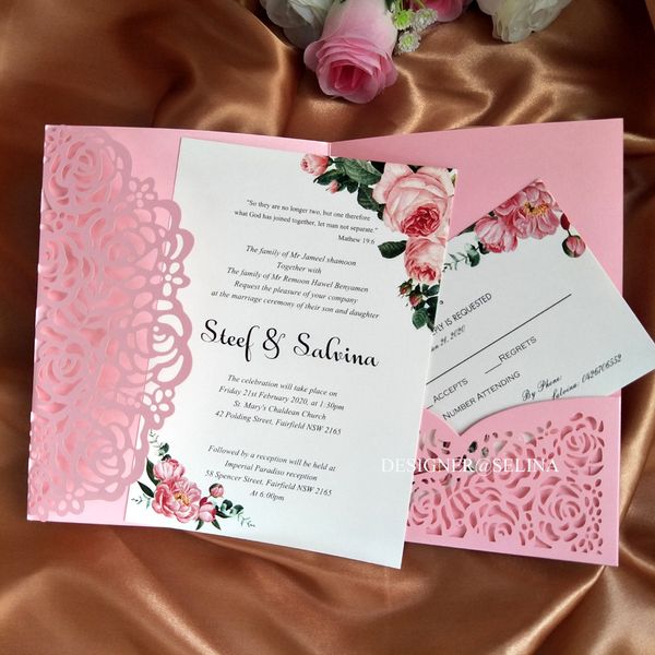 

Pink ro e la er cut pocket wedding invitation card diy hiny wed invitation for quinceanera birthday weet 16th invite