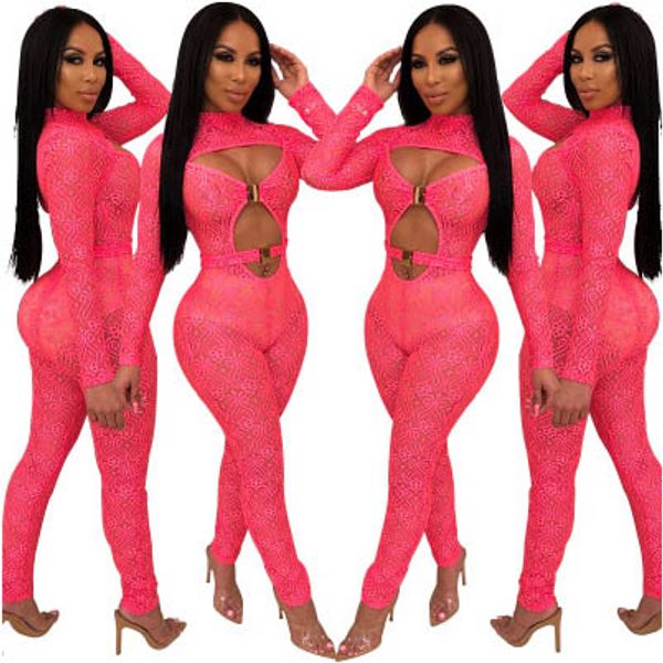 

womens jumpsuit fashion perspective lace hollow print rompers bikini buckle womens clothes 2 colors 2019 autumn new tight female coat, Black;white