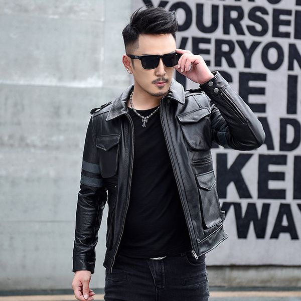 

2019 cattle leather locomotive garment leather jacket chao men's jacket, Black