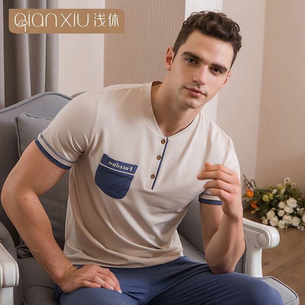 

qianxiu 2018 spring and summer new men's cotton short-sleeved shorts suit comfortable breathable home service 1886, Black;brown