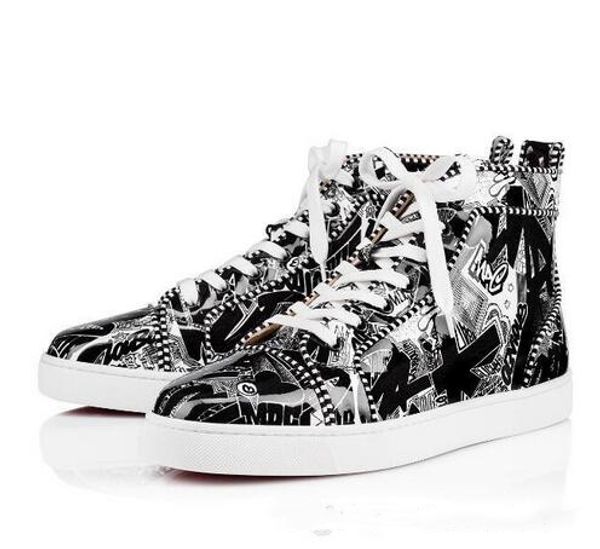 

2019 New Season Red Bottom High Cut Orlato Men'S Flat Fashion Sneakers Black And White Nicograf Printed Patent Leather Luxury Sole Red Shoe