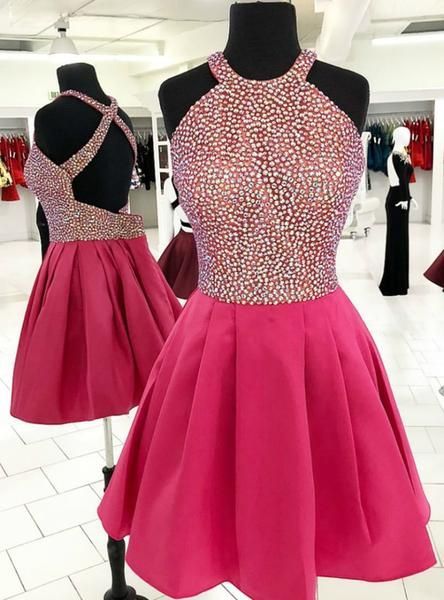 CHIC FUCHSIA MINI PROM HomeComing платья дешевые 2020 бисером атласных галтер Cross Crossbloe Cheap выпускные платья Юниоры вечеринки Формальные платья