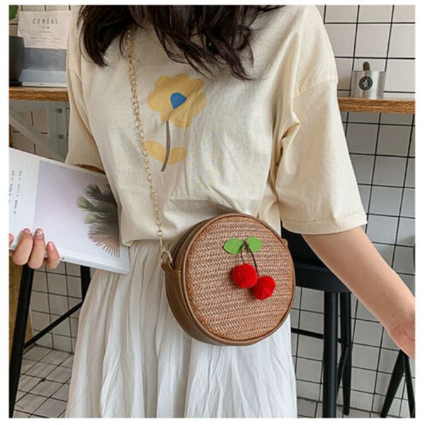 

Boho Women Summer Beach Tote Bag Ladies Casual Holiday Wicker Straw Rattan Bags red cherry fur ball straw handbag