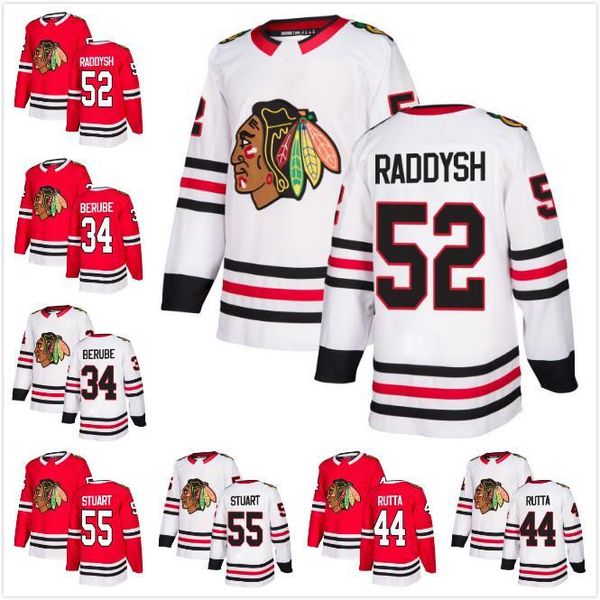 

2018 new male blackhawks 52 darren raddysh 44 jan rutta 55 mark stuart 34 jean-francois berube ice hockey jerseys a c patch, Black;red