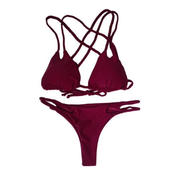

women two-piece swimming suit solid color push-up padded bra halter off shoulder backless swimsuit set beachwear 40fb20, Red;black