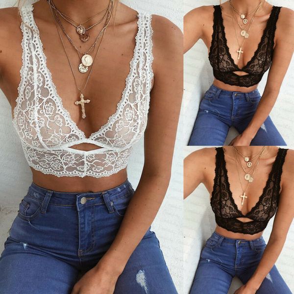

women deep v floral lace bralette crop unpadded e bra sheer fashion mesh bra, Black;white