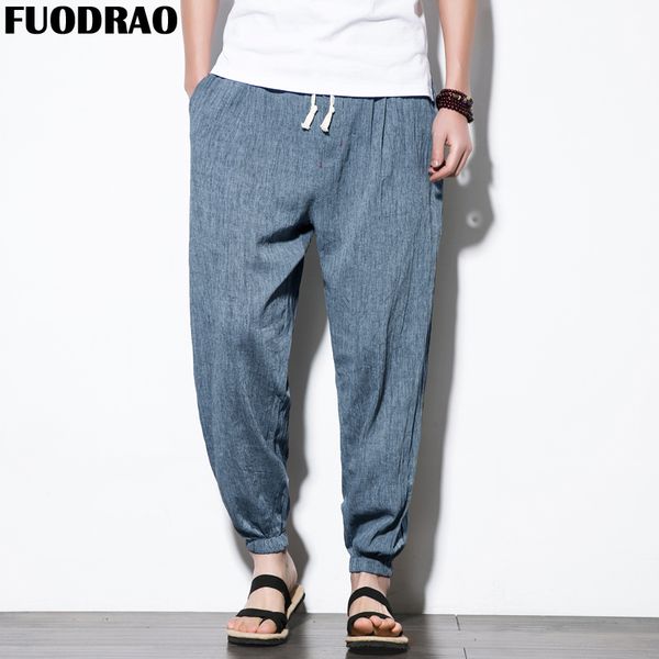 

fuodrao harajuku harem pants men cotton linen breathable casual pants men streetwear solid loose trousers 5xl f004, Black