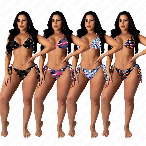 

women summer bikinis set 2 piece swimwear swimsuit bra with hipster low waist swim trunk beachwear letter print lace up underweard7201, White;black