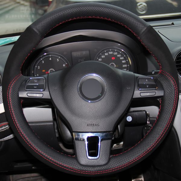 

black genuine leather suede car steering wheel cover for volkswagen vw gol tiguan passat b7 passat cc touran magotan jetta