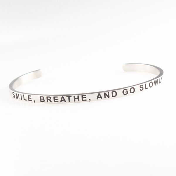 

smile baeathe and go slowly engraved stainless steel bangle positive inspirational quote women cuff mantra wristband 4mm female, Black