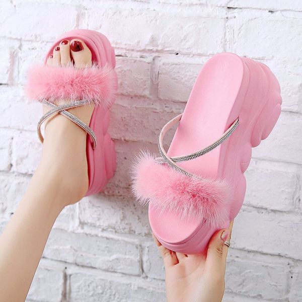 

slippers casual shoes fur flip flops slides platform slipers women heeled mules plush flat soft 2020 heels pu fashion, Black