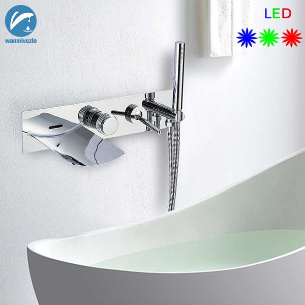 

led wall mounted waterfall bathtub faucet set single handle brass hand shower bath shower mixer concealed wide spout tap