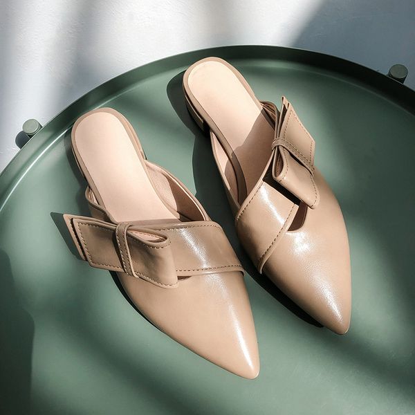 

ymechic pointed toe women footwear beige khaki mules bowtie butterfly-knot low chunky heels plus size pumps shoes summer 2019, Black
