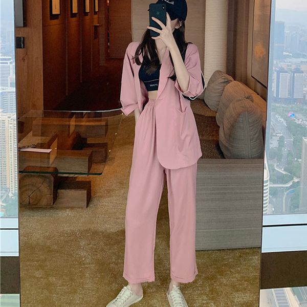 

2020 trousers women suit half sleeve loose blazer female+elastic waist casual pant korean summer blazer suit pink outfits, White;black