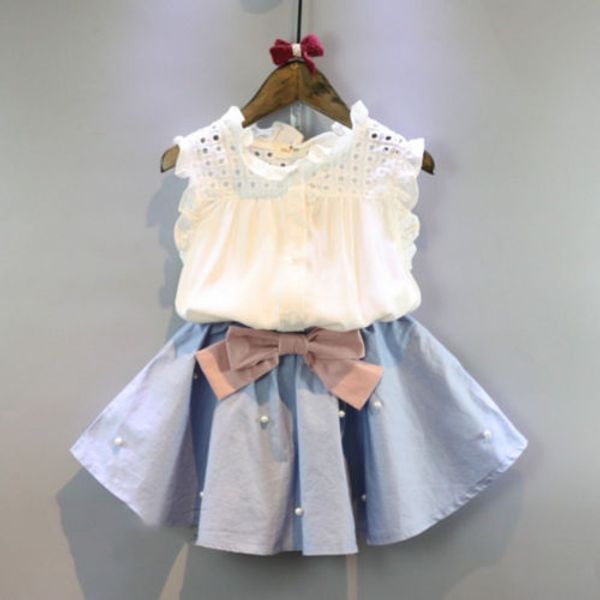 

2019 summer kid baby girl ruffle neck sleeveless shirt blouse +bowknot tutu mini skirt dress 2pcs clothes, White