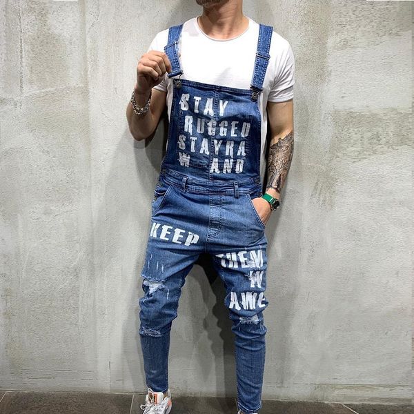 

2019 men denim carpenter overalls casual pants loose pants bib men's fashion hip hop jumpsuit hole distressed jeans, Blue