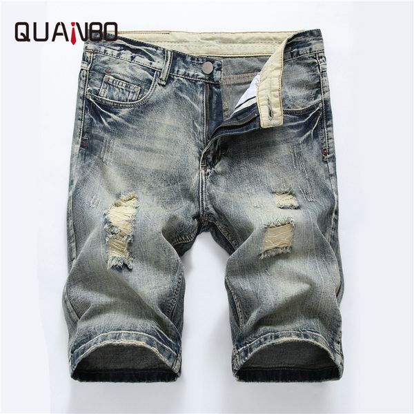 

qaunbo new 2019 summer denim short men fashion hole ripped jeans cotton slim fit jeans shorts brand clothing, Blue