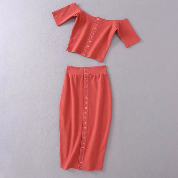 

2018 solid knitted front button 2 piece set women suit bodycon slim crop and skirt set short summer outfit two piece, White