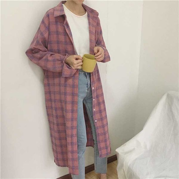 

real ps female long casual plaid shirts cardigans women soft grid shirts blouses loose for girls dx890, White