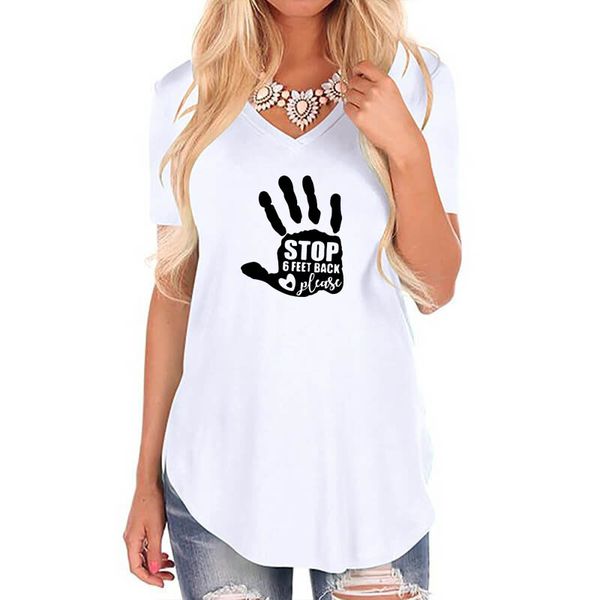 

ssix feet back please social distancing print shirt female harajuku v neck vintage t-shirt women wife gift casual, White