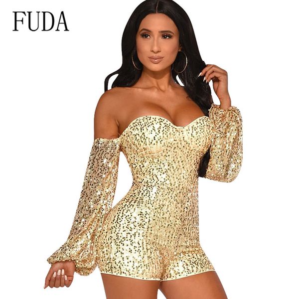 

fuda sequined jumpsuit women long sleeve sparkly bodycon bodysuits off shoulder rompers glitter club party overalls macacao, Black;white