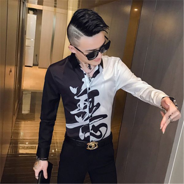 

men's long-sleeve trendy nightclub shirt korean men's slim printed, White;black
