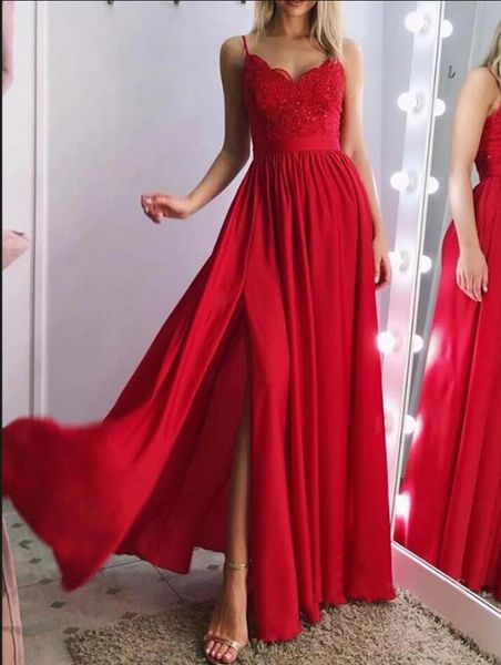 

side split spaghetti straps women evening dress a-line floor length party gown robe de soiree, Black;red