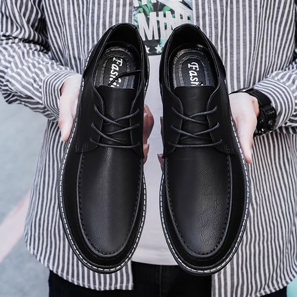 

2019 new style four seasons casual leather shoes korean-style england business men's leather shoes youth trend versatile, Black