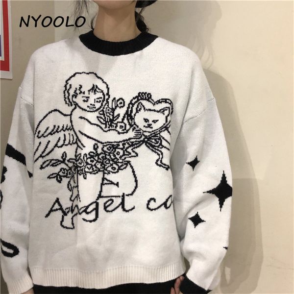 

nyoolo casual streetwear cute cupid angel wings loose sweater autumn winter long sleeve o-neck knitted pullovers sweaters women, White;black