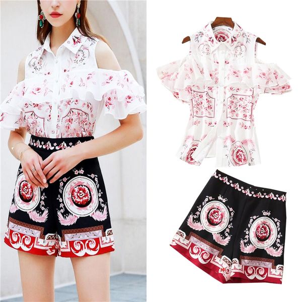 

fashion summer 2 piece sets women off shoulder ruffles sleeve printed women blouse and high waist wide leg shorts sl318, White