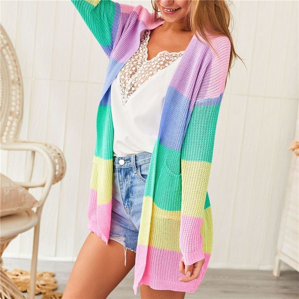 

striped womens cardigan sweaters rainbow color long sleeve v neck loose ladies knit coat with pockets, White;black