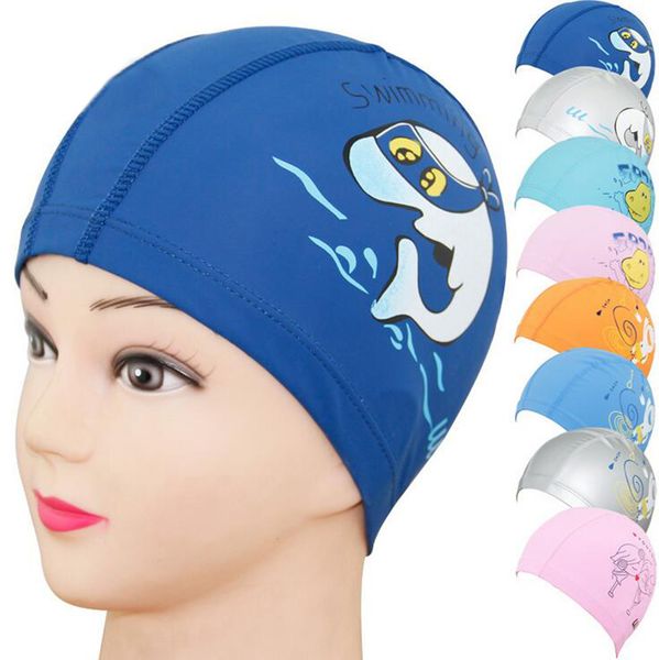 

cute children swimming cap cartoon animal dolphin kids waterproof protect ears swimming hat girls long hair pu fabric swim caps