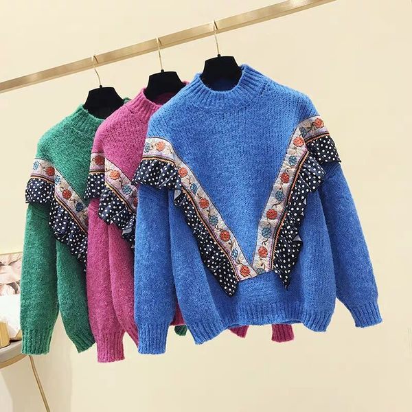 

pull femme hiver sweaters long sleeve vintage ruffles panel sweater women blue and green roupa feminina, White;black