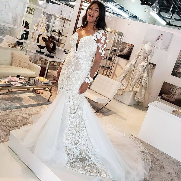 

2020 gorgeous beaded mermaid wedding dresses long sleeve cathedral train wedding gowns tiered skirts bridal dress vestidos de novia, White