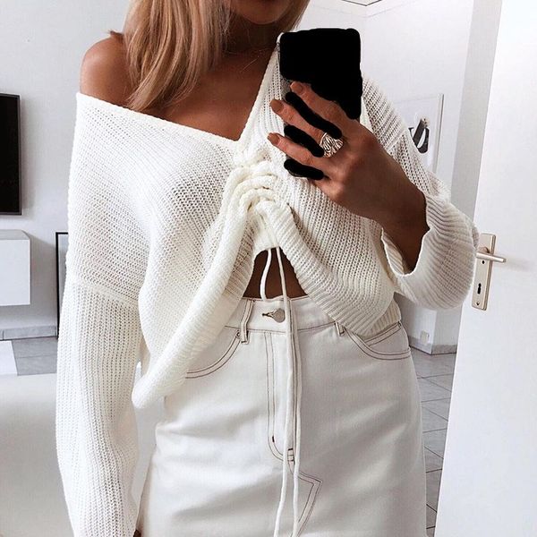 

2019 autumn drawstring v neck sweater women green white batwing sleeve knitted pullover pullovers ladies loose knit jumper, White;black