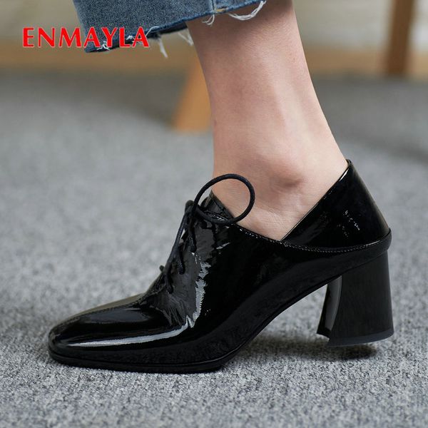 

enmayla 2019 dress patent leather square toe lace-up ladies shoes women shoes high heel shallow leisure women pumps 34-42, Black