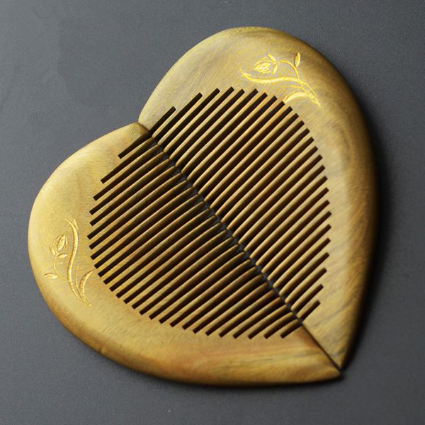 

1pc bronzed carved natural green sandalwood comb heart-shaped wedding gift on comb delicate thick wooden g0416, Silver
