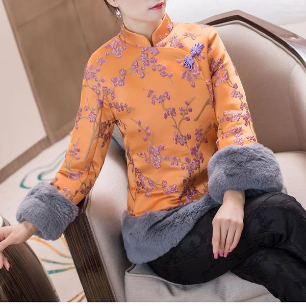 

women's winter retro long-sleeved coat stand collar jacquard frog furry collar repair waist clip cotton in short 99284, Blue;black