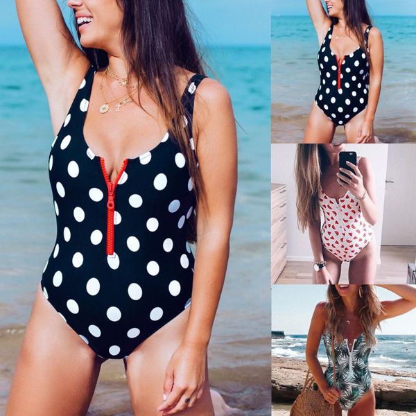 

dot printed summer beach bathing suit women zipper print monokini push-up padded bra backless one piece swimwear ladies bodysuit, White;black