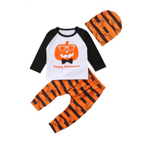 

2019 Brand New Adorable Infant Baby Boy Girls Pumpkin Halloween Costume Outfits Long Sleeves Tops Striped Pants Hat 3Pcs 0-3Y