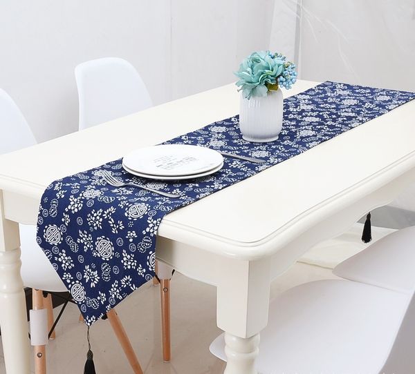 Runner da tavolo con stampa in stile etnico retrò, motivo decorativo blu, bandiera da letto, tovaglia unica super morbida W9051