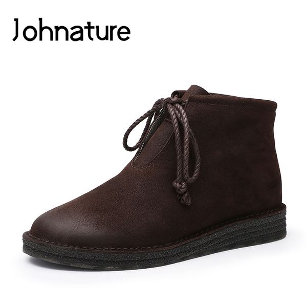 

johnature lace-up ankle boots genuine leather women shoes round toe flat with 2019 new autumn winter sewing platform boots, Black