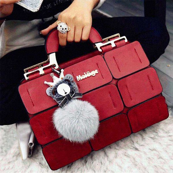 

fashion 9 grid splicing hand bags women bear plush ball charm handbag ladies handle bag zipper hasp clutch new totes