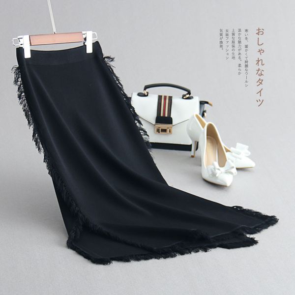 

half-body skirt asymmetry vent tassels knitting package buttocks longuette 1950, Black