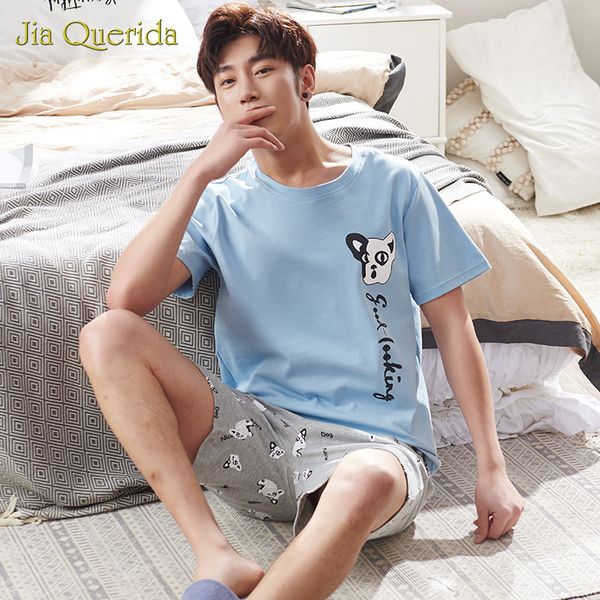 

clearance sale mens pajamas 100% cotton summer shorts pijama hombre chinese pajamas cute dog printing men sleepwear set, Black;brown