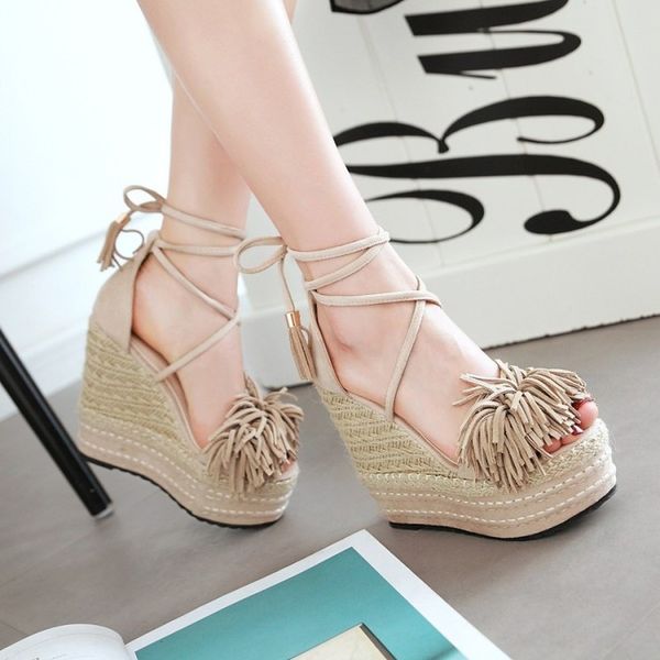 

womens tassels peep toe wedge super high heels platform casual sandals ankle strappy shoes rome pumps 3colors d965, Black